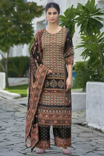 Black chinon chiffon abstract printed straight kurta with palazzo & printed dupatta