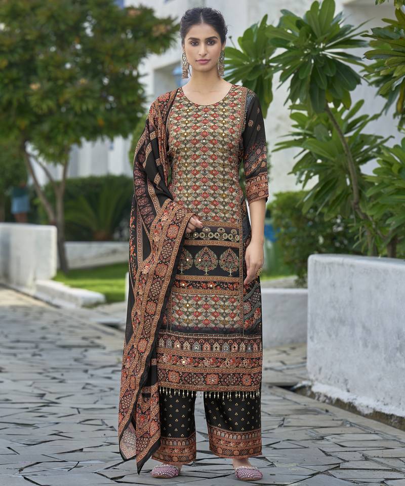 Black chinon chiffon abstract printed straight kurta with palazzo & printed dupatta