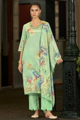 Light green chinon chiffon floral printed straight kurta with comfort fitting pant & printed dupatta