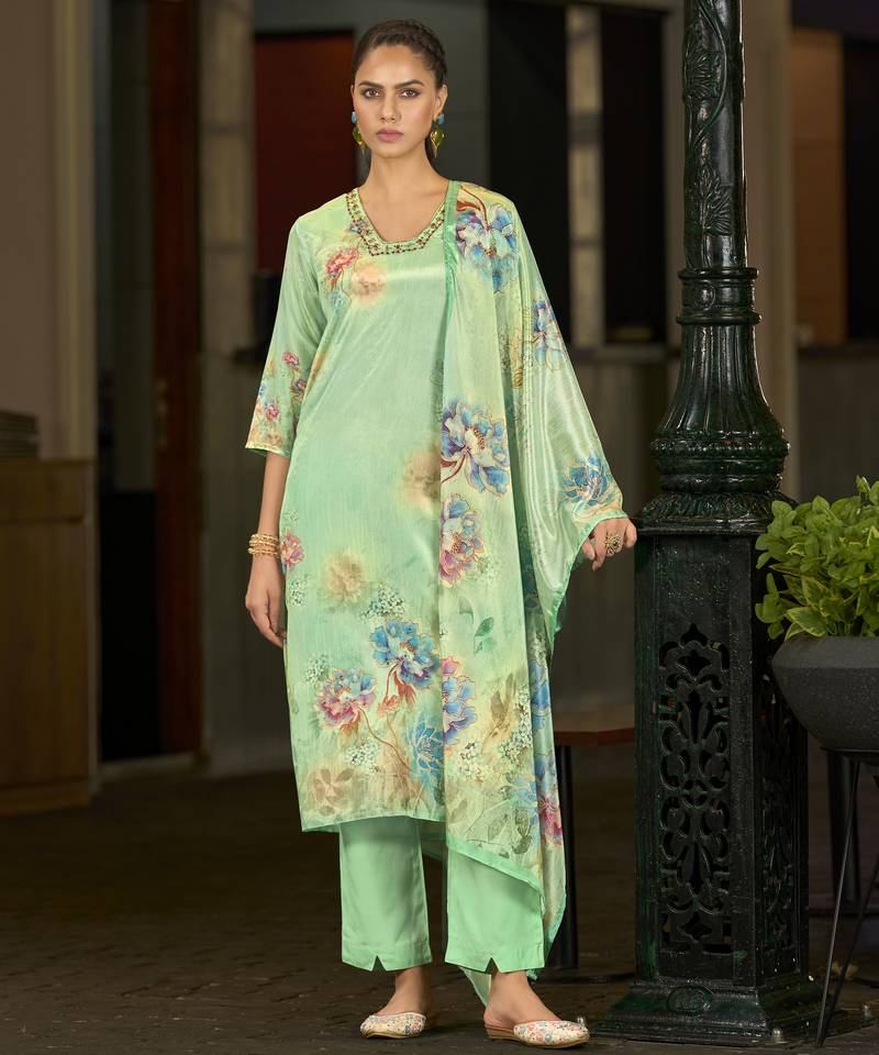 Light green chinon chiffon floral printed straight kurta with comfort fitting pant & printed dupatta
