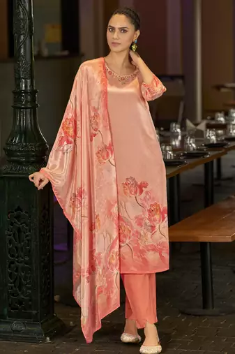 Peach chinon chiffon floral printed straight kurta with comfort fitting pant & printed dupatta