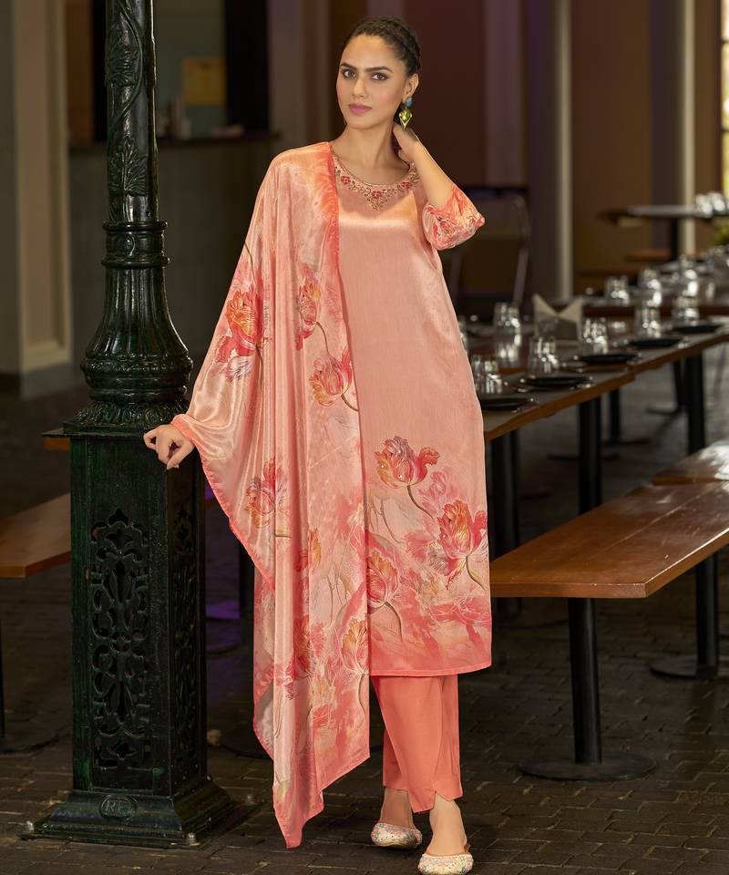 Peach chinon chiffon floral printed straight kurta with comfort fitting pant & printed dupatta