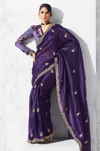Purple fancy fabric embroidered contemporary saree