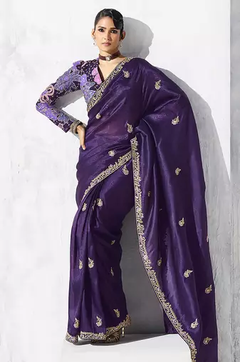 Purple fancy fabric embroidered contemporary saree