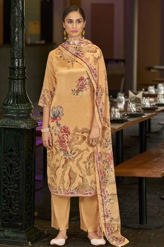 Light orange chinon chiffon floral printed straight kurta with comfort fitting pant & printed dupatta