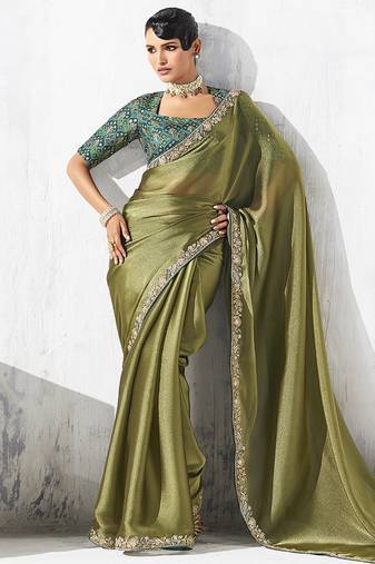 Olive green fancy fabric embroidered contemporary saree
