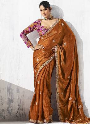 Rust fancy fabric embroidered saree 1