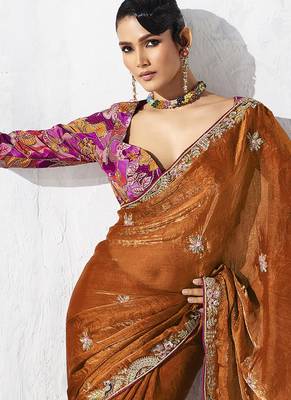 Rust fancy fabric embroidered saree 2