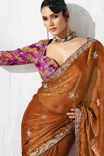 Rust fancy fabric embroidered saree