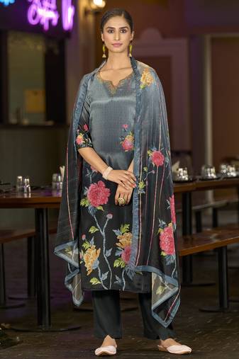 Grey chinon chiffon floral printed straight kurta with comfort fitting pant & printed dupatta