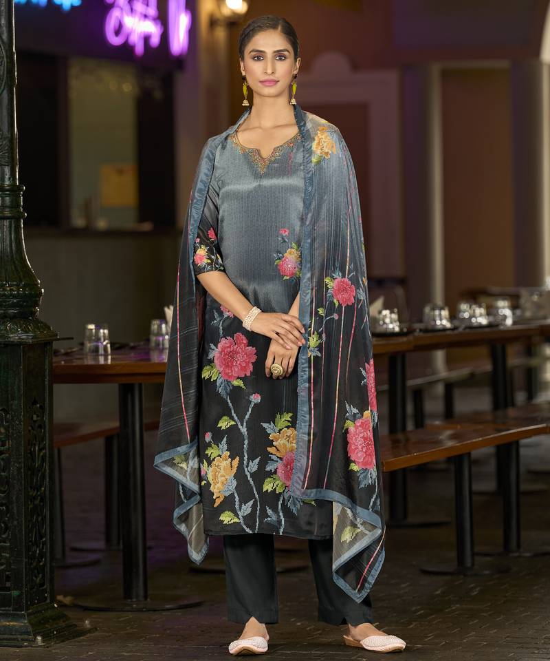 Grey chinon chiffon floral printed straight kurta with comfort fitting pant & printed dupatta