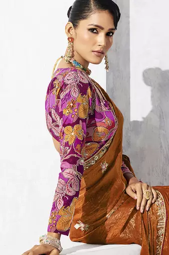 Rust fancy fabric embroidered saree