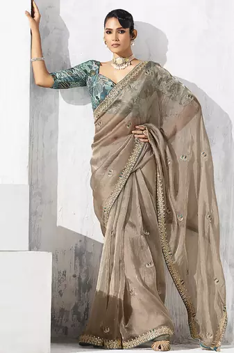 Beige fancy fabric embroidered contemporary saree
