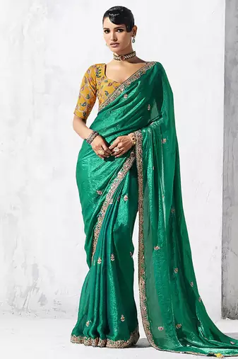 Teal fancy fabric embroidered contemporary saree