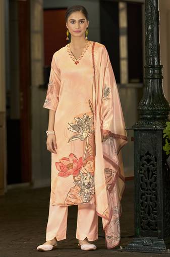 Peach chinon chiffon floral printed straight kurta with comfort fitting pant & printed dupatta