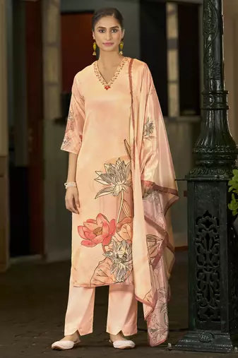 Peach chinon chiffon floral printed straight kurta with comfort fitting pant & printed dupatta