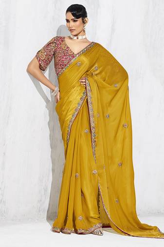Mustard fancy fabric embroidered contemporary saree