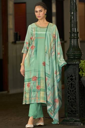 Green chinon chiffon floral printed straight kurta with comfort fitting pant & printed dupatta