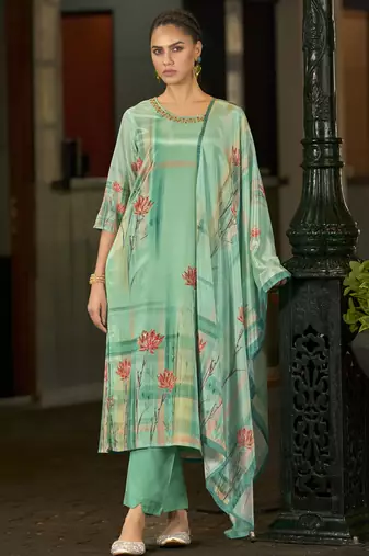 Green chinon chiffon floral printed straight kurta with comfort fitting pant & printed dupatta