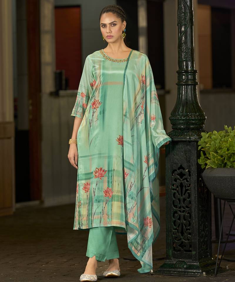Green chinon chiffon floral printed straight kurta with comfort fitting pant & printed dupatta