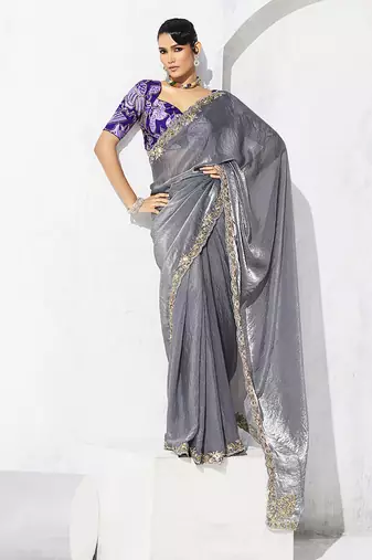 Grey fancy fabric embroidered contemporary saree