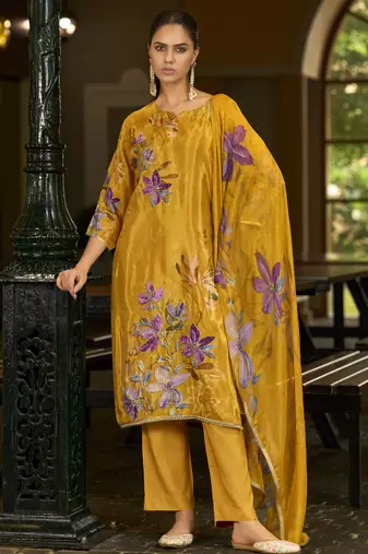 Mustard pure ho organza floral printed straight kurta with comfort fitting pant & printed dupatta