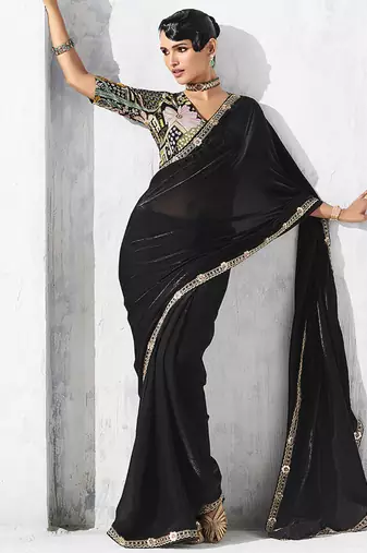Black fancy fabric embroidered contemporary saree