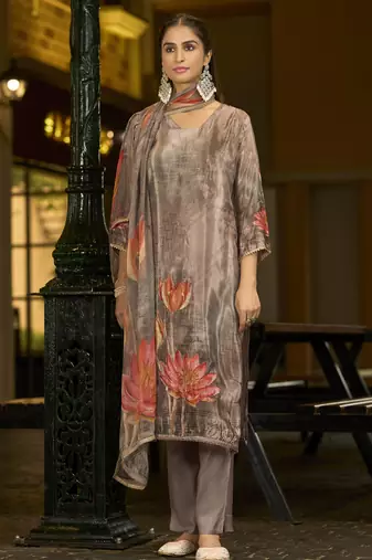 Brown pure ho organza floral printed straight kurta with comfort fitting pant & printed dupatta