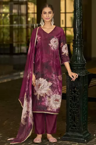 Maroon pure ho organza floral printed straight kurta with comfort fitting pant & printed dupatta