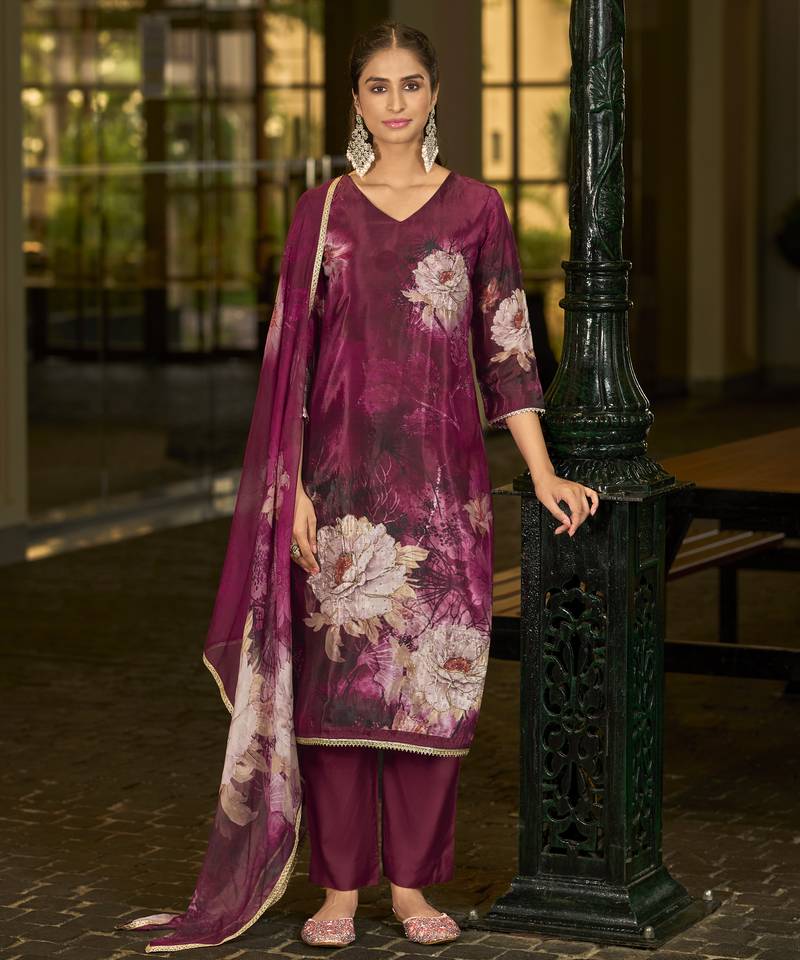 Maroon pure ho organza floral printed straight kurta with comfort fitting pant & printed dupatta