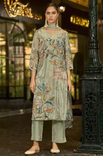 Green pure ho organza floral printed straight kurta with comfort fitting pant & printed dupatta