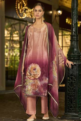 Mauve pure ho organza floral printed straight kurta with comfort fitting pant & printed dupatta