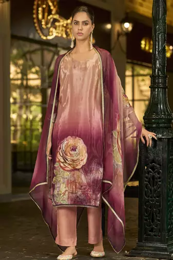 Mauve pure ho organza floral printed straight kurta with comfort fitting pant & printed dupatta