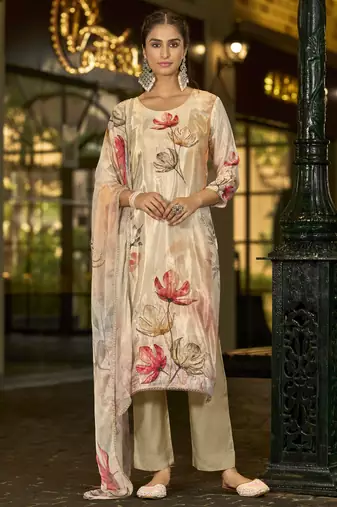 Cream organza floral printed straight kurta with comfort fitting pant & printed dupatta