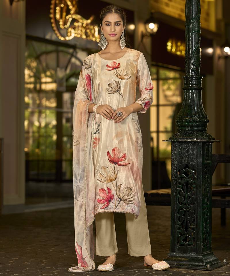 Cream organza floral printed straight kurta with comfort fitting pant & printed dupatta