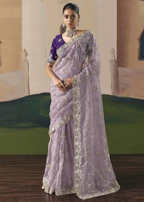 Embroidered lilac fancy fabric saree 1
