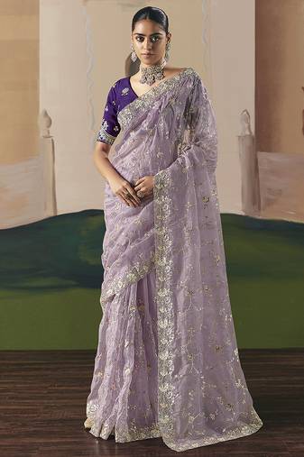 Embroidered lilac fancy fabric party designer saree