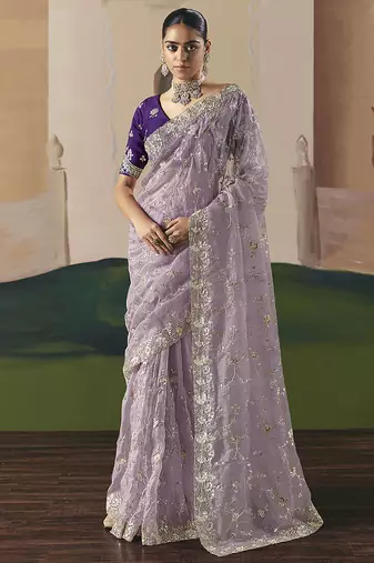 Embroidered lilac fancy fabric party designer saree