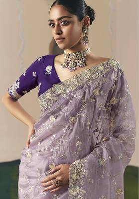 Embroidered lilac fancy fabric saree 2