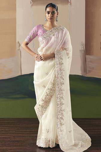 Embroidered off white fancy fabric party designer saree