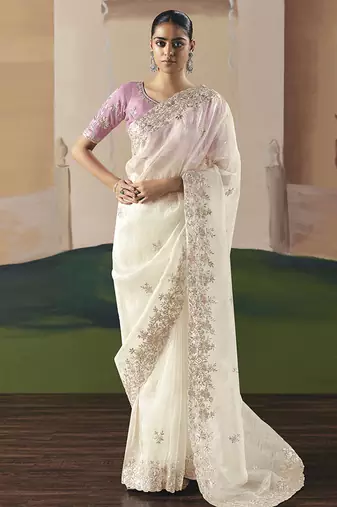 Embroidered off white fancy fabric party designer saree
