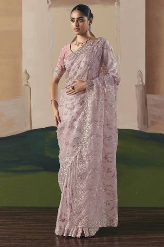 Embroidered light pink fancy fabric party designer saree