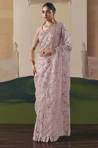 Embroidered light pink fancy fabric party designer saree