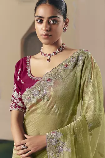 Embroidered pear fancy fabric saree