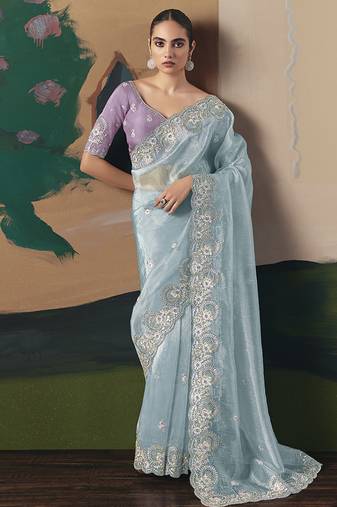 Embroidered sky blue fancy fabric party designer saree