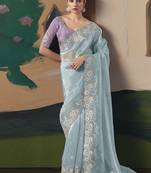 Embroidered sky blue fancy fabric party designer saree
