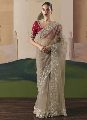Embroidered beige fancy fabric saree 1