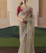 Embroidered beige fancy fabric party designer saree