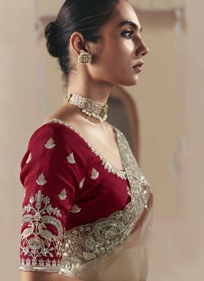 Embroidered beige fancy fabric saree 2
