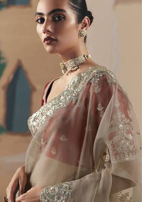 Embroidered beige fancy fabric saree 3